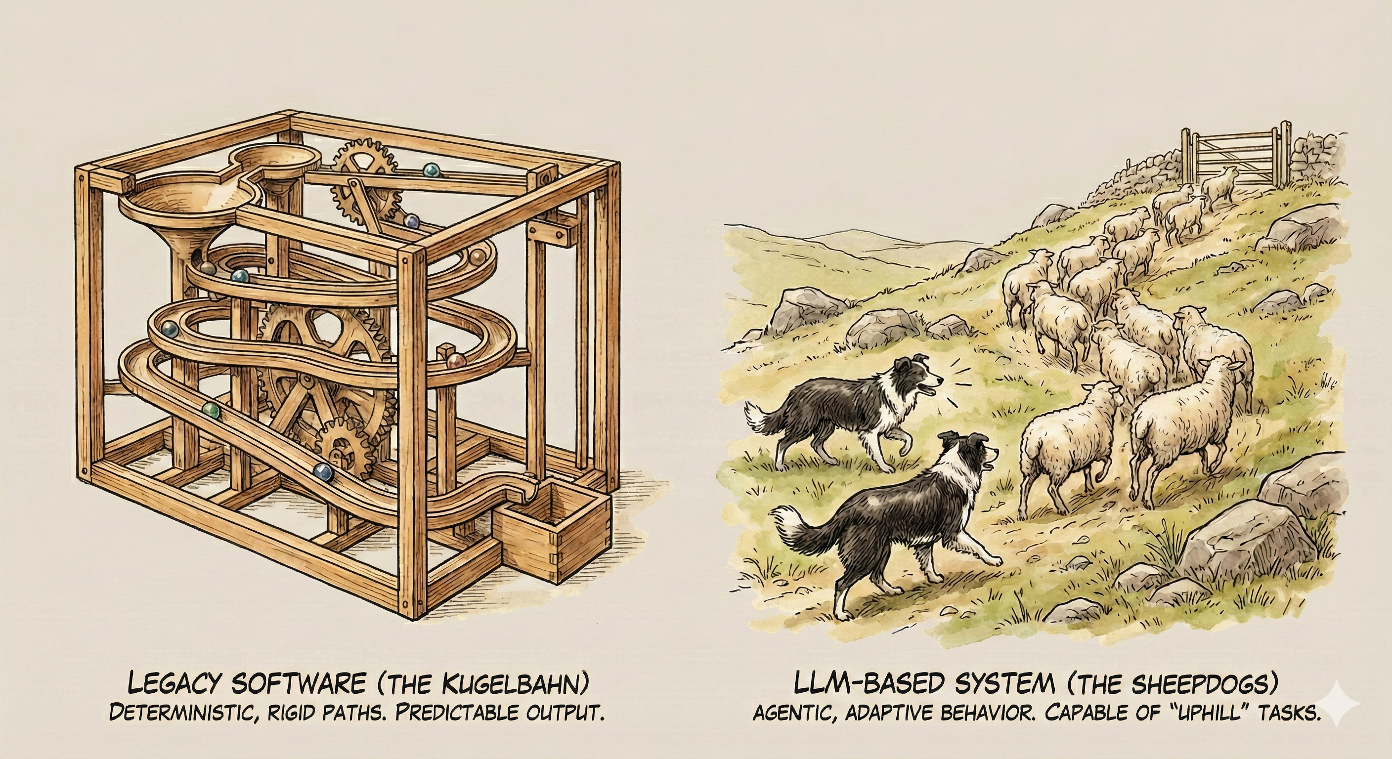 The analogy: kugelbahn (legacy software) vs. sheepdogs (llm-based system)