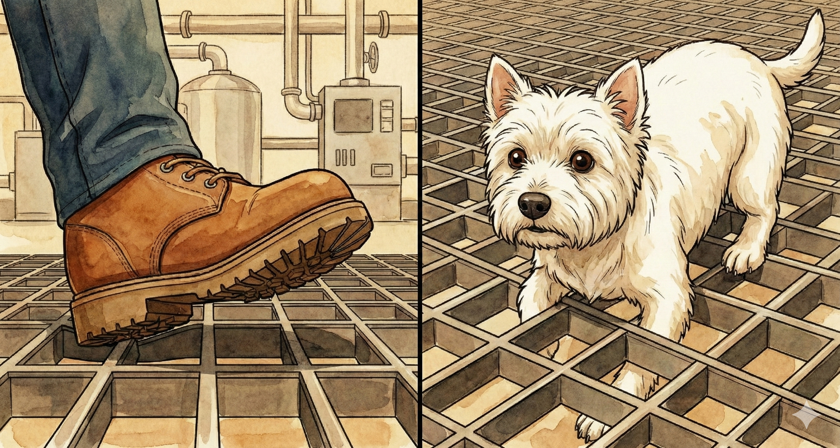 Floor grating: human foot walks fine, small dog paw falls through